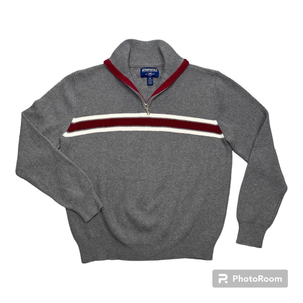 Aeropostale Men’s Y2K Vintage Gray Crème & Burgundy Stripe 1/4 Zip Pullover …